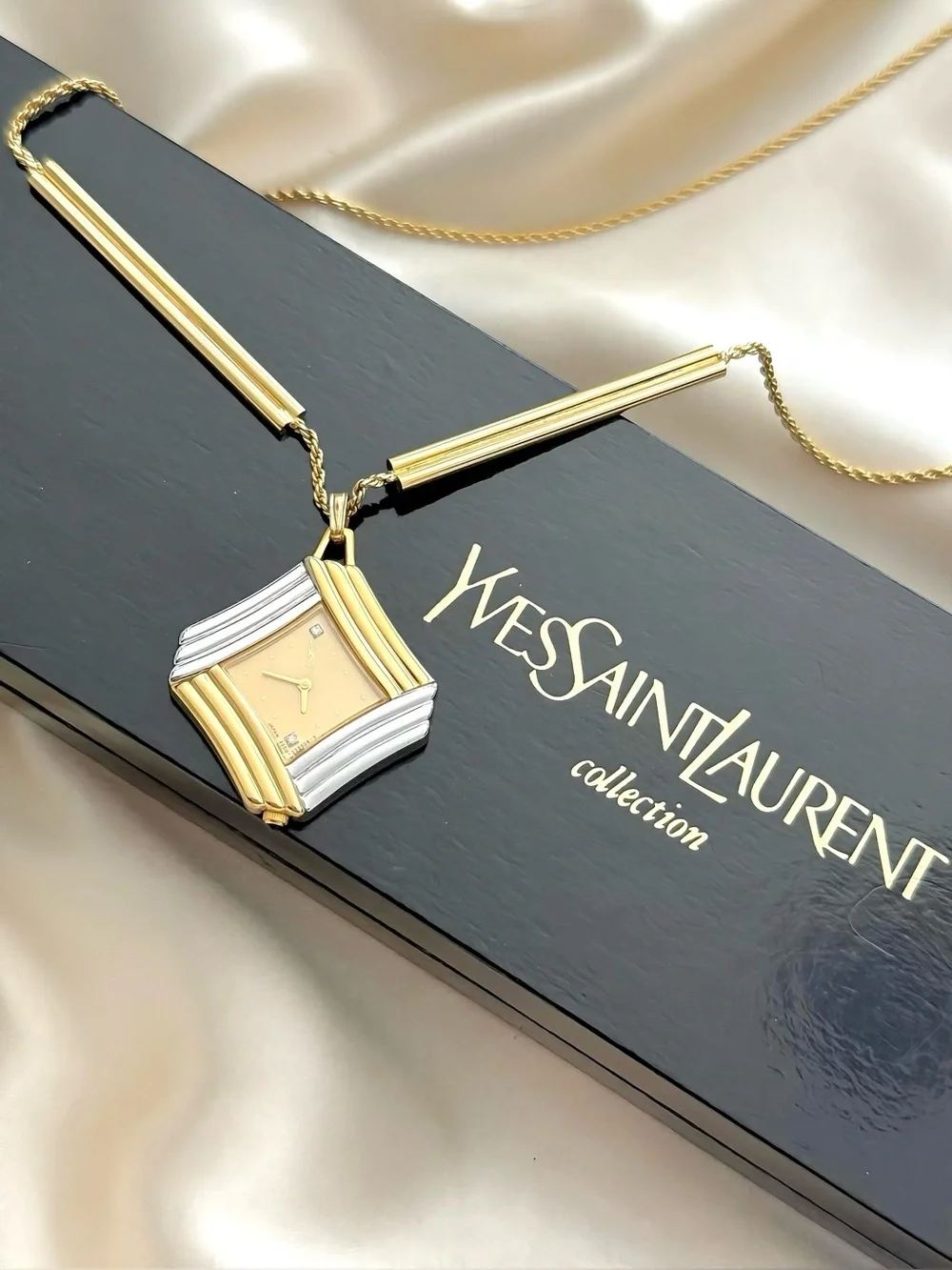 AUTHENTIC RARE VINTAGE YVES SAINT LAURENT TWO-TONED NECKLACE WATCH